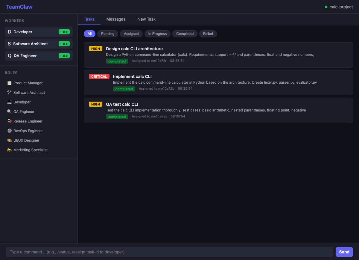 TeamClaw showing a completed calc CLI architecture, implementation, and QA flow.