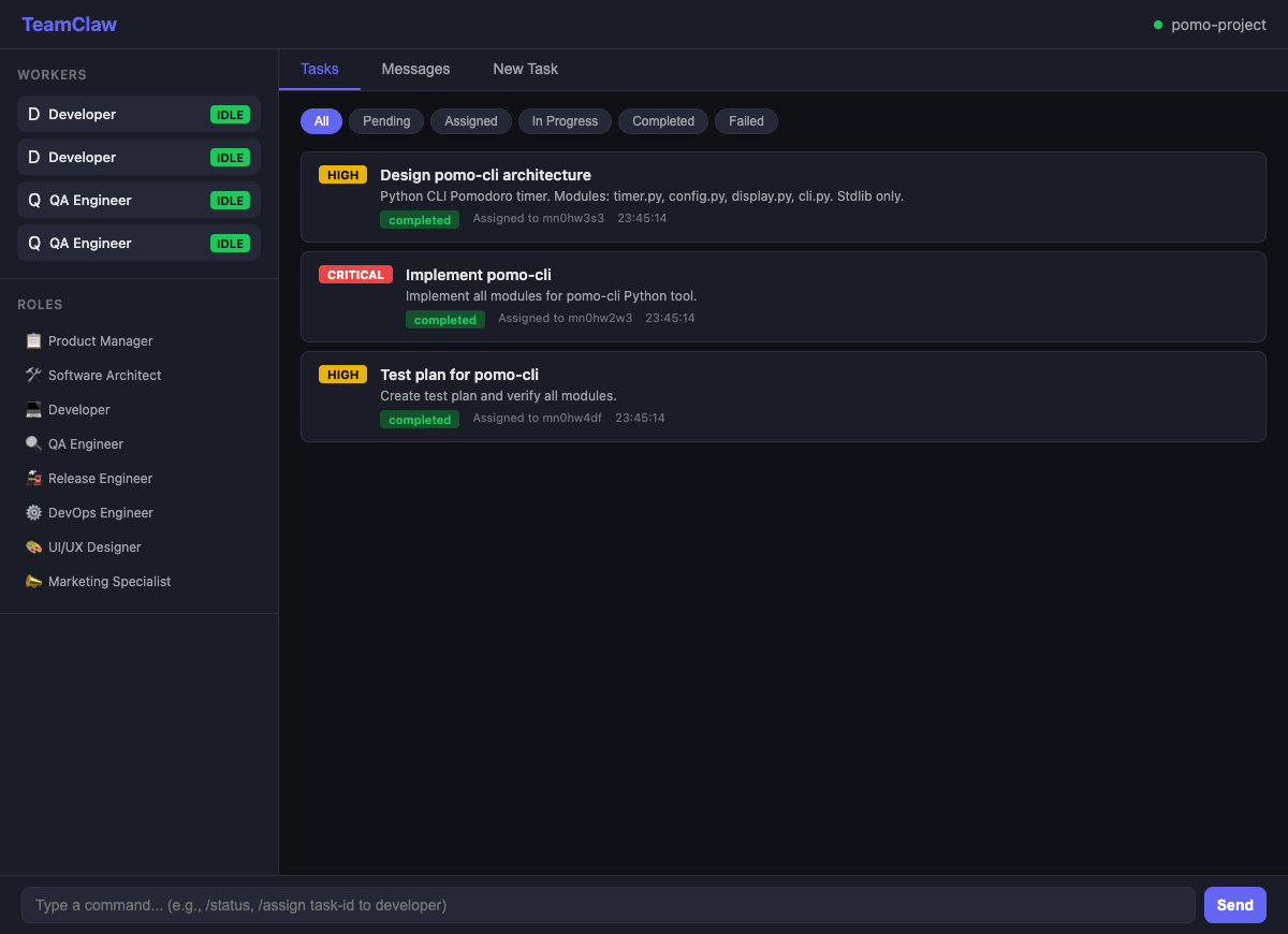 TeamClaw controller interface showing workers, task status, and completed delivery work.